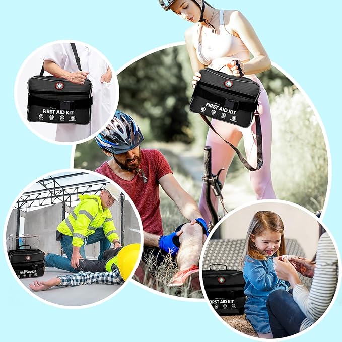 Professional 435 Pieces Large First Aid Kit - Includes Compressed Gauze - Compartments Emergency Medical Kit for Home, Camping, Backpacking, Travel, Boat, Car,Outdoors (Black)