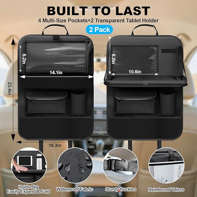 BLYPHOO Car Backseat Organizer: Back Seat Storage Organizer for Kids with Tablet Holder, Heavy Duty Back Seat Protector with Foldable Table Tray, Kick Mats w/Pockets, Road Trip Essentials, 2 Count