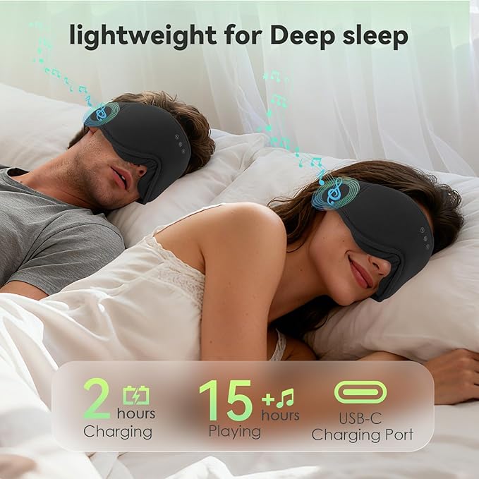 3D Bamboo Cotton Sleep Mask with Bluetooth 5.4 Headphone, Music Wireless Bluetooth Blackout Eye Mask for Side Sleepers, Earphones HD Speaker Microphone for Travel, Gifts for Women Men, Black