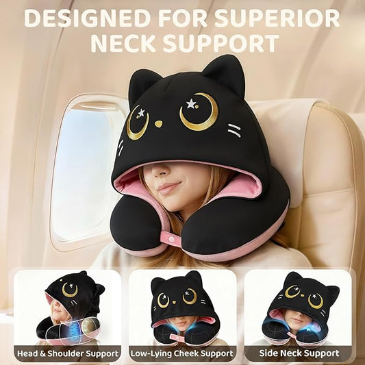 Mewaii Travel Neck Pillow with Hood for Airplanes,Memory Foam,Breathable Ice Silk & Soft Velvet,Double-Sided,Removable to Clean,Adjustable Strap,Portable Travel Pillow for Long Flights Adults & Teens