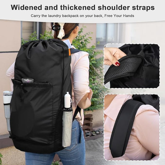 Gifts for Students, Polecasa Extra Heavy Duty Large Backpack Laundry Bag with Comfortable Padded Shoulder Straps & 4 Pockets, Christmas Gift for Women, Drawstring bag for Dorm, College, Travel, Black
