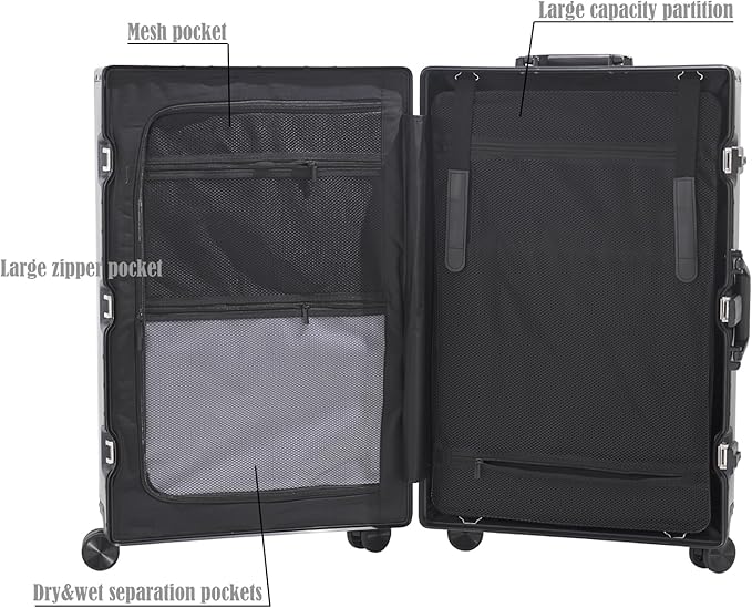 28-inch Aluminum Checked Suitcase: Silver - Full Metal Shell - Crush-Resistant & Burst-Proof, TSA Lock & Spinner Wheels for Business Travel - Men Women