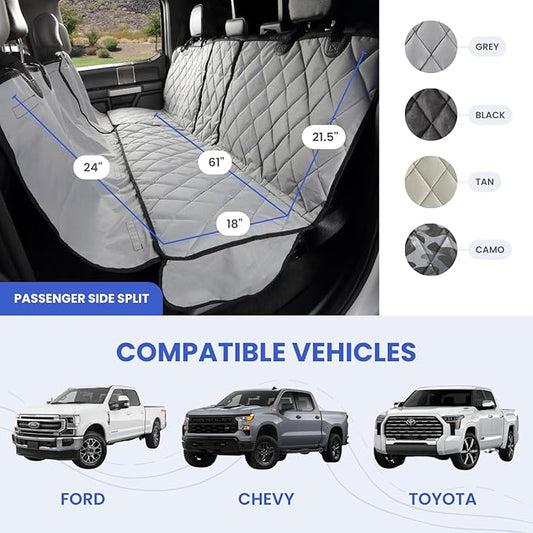 4Knines Bench Seat Covers for Trucks with Dog Hammock & Split-Tech - Rear Seat Protector for Dogs Fits Full Size Crew Cab with Split Bench Seats - Waterproof Dog Seat Cover (Passenger Side, Grey)