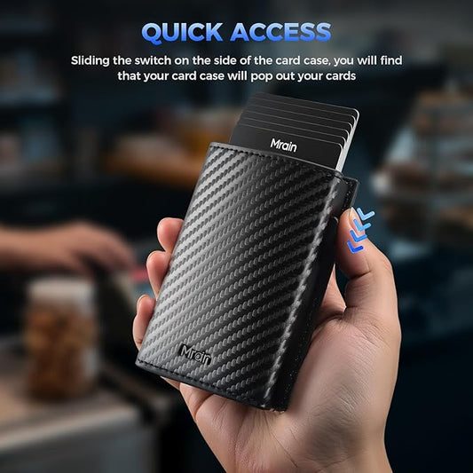 Mrain Mens Slim Minimalist Wallet Card Holder with Coin Pocket, Cash Slot, Magnetic Closure, Pop Up Aluminum Case, ID Window, Leather Wallet, RFID Blocking, 9-13 Card Capacity (Carbon Black)