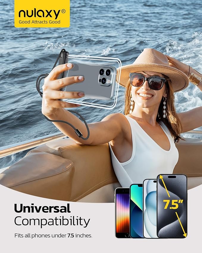 Nulaxy 2 Pack IPX8 TPU Waterproof Phone Pouch Double Sealing, Cell Phone Dry Bags with Lanyard Fit up to 7.5" Devices, Protector Case for iPhone 15 14 13 12 11 Pro Max Plus XR, Galaxy S24 S23 - Black