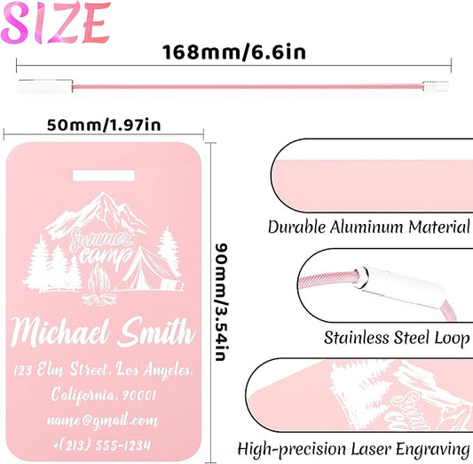 4 PCS Personalized Luggage Tags for Suitcase, Custom Engraved Aluminum Luggage Tags with Your Personalized Text Logo, Metal Name Tags with Steel Loop for Bag, Suitcase, Backpack (Pink, Large)