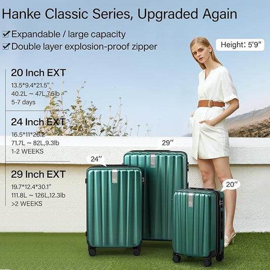 Hanke 24 Inch Expandable Checked Luggage Lightweight PC Hard Shell Luggage Suitcases with Wheels Travel Luggage Rolling Large Suitcase Travel Luggage Bag for Go to University.(Blackish Green)