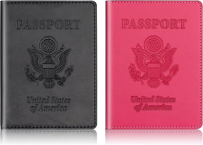 Passport Holder 2Pcs, Passport Cover Wallet Case for Women Men Family, Passports Book Holders Travel Must Haves Cruise Ship Essentials (Black & Rose Red)