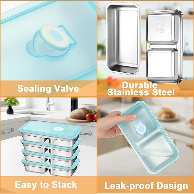 vovoyager Stainless Steel Snack Containers with Lids, Reusable Bento Lunch Container Box, Food Storage, Leak Proof, Dishwasher-Safe, Grab and Go for Work, 3 Single + 3 Double Compartment