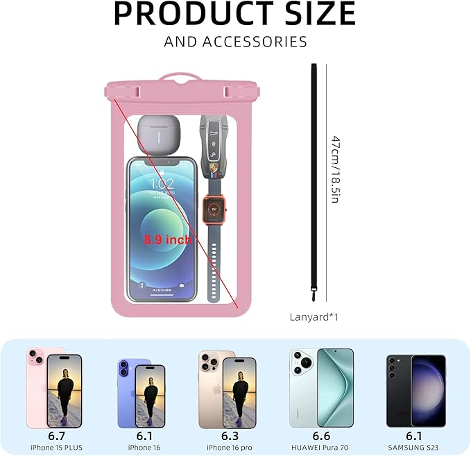 [Up to 8.9" 2 Pack Waterproof Phone Pouch Case,Waterproof Phone Bag for iPhone 17 16 15 14 13 Pro Max Plus Galaxy S25 S24 Ultar Plus+,IPX8 Cellphone Dry Bag Beach Travel Essentials-Pink