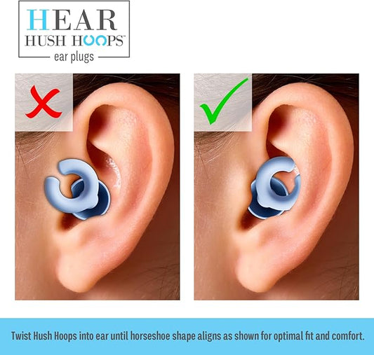 Hush Hoops Ear Plugs, Ultra-Soft Reusable Silicone Plugs with Horseshoe Shape for Comfort, Designed for Sleep and Sound Suppression, 17dB (NRR) Noise Reduction Rating, Blue, 1 Pair with Travel Case