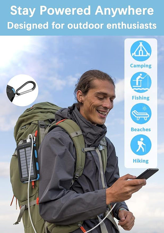 Solar Charger Power Bank - 36800mAh Solar Phone Charger, USB-C QC3.0 Fast Charger with LED Flashlight, IP65 Waterproof Portable Power Bank for Camping, Hiking Outdoor Activities(Blue)