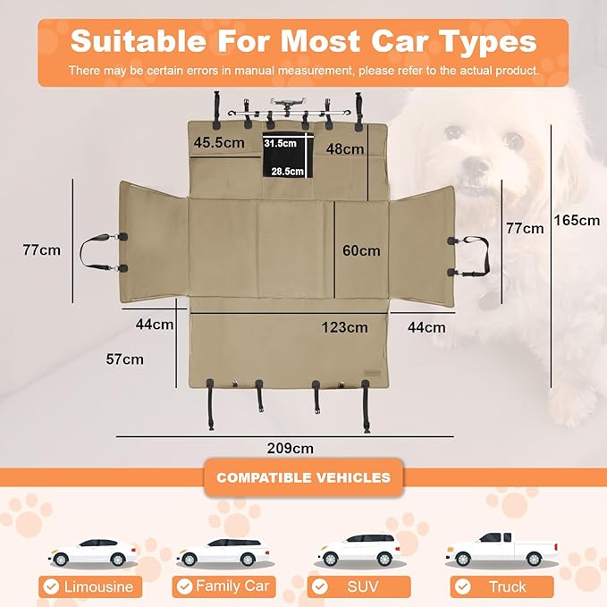 Furri&Me Dog Car Seat Cover, Back Seat Cover for Dogs Pet Car Seat Protector 400lbs Capacity Waterproof Non-Slip Bench Hard Bottom Car Seat Cover for Most Cars Trucks SUVs(Tan)