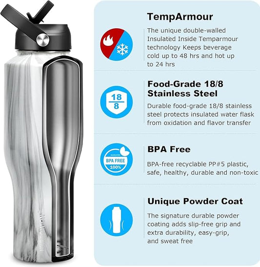 HYDROWION 40 oz Insulated Water Bottle with Straw fit in Car Cup Holder(Cold 48 hrs, Hot 24 hrs) Drinking Bottle with Straw Lid, Spout Lid and Flex Cap Leakproof Travel Thermo Mugļ¼Marbling