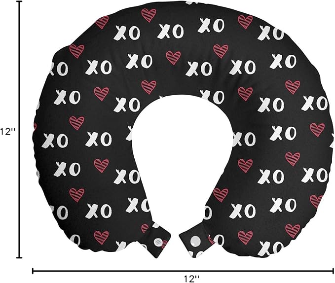 Ambesonne XOXO Travel Pillow Neck Rest, XO Acronym and Striped Heart Pattern Love Romantic Print, Memory Foam Traveling Accessory for Airplane and Car, 12", Grey Charcoal