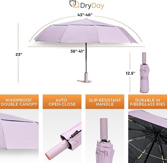 DryDay Travel Umbrellas for Rain - Large Windproof Double Canopy Umbrella, 10 Durable Ribs, Strong Frame, Auto Open Close Ergonomic Handle, Compact Waterproof Umbrella for Women & Men