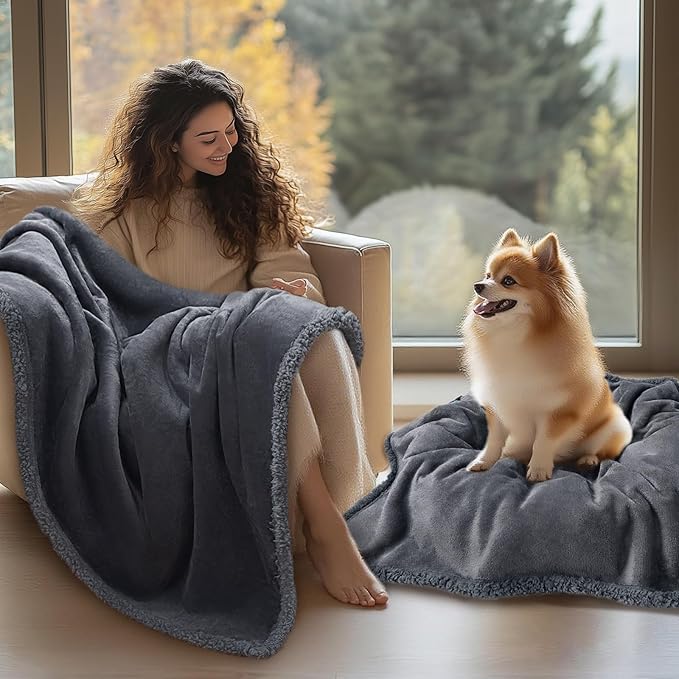 Luciphia Waterproof Pet Blanket, Liquid Pee Proof Dog Blanket for Sofa Bed Couch, Reversible Sherpa Fleece Furniture Protector Cover for Small Medium Large Dogs Cats, Dark Gray Queen Size(90" x 82")