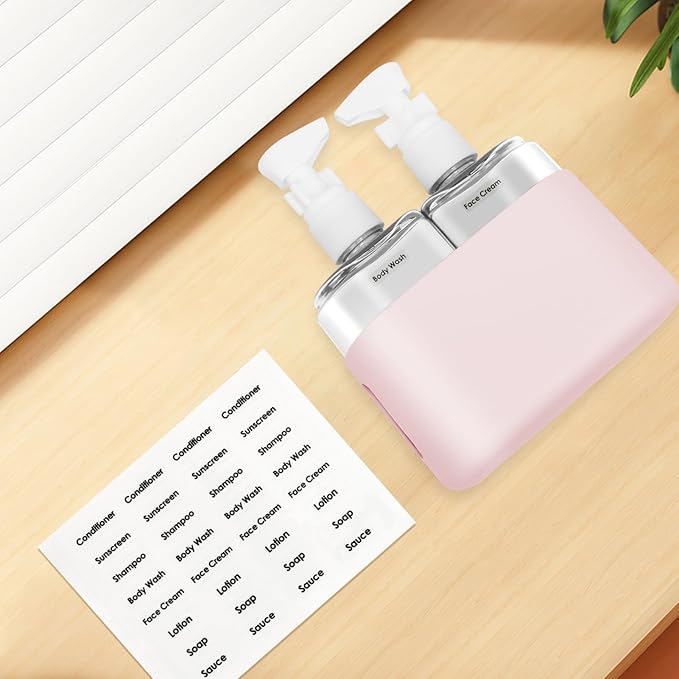 Skycase Travel Bottles - Leak Proof Refillable Tsa Approved Travel Size Toiletries, 2 in 1 Liquid Bottles Containers with Labels and Funnel Airplane Accessories Kits for Lotion Liquid (Pink)