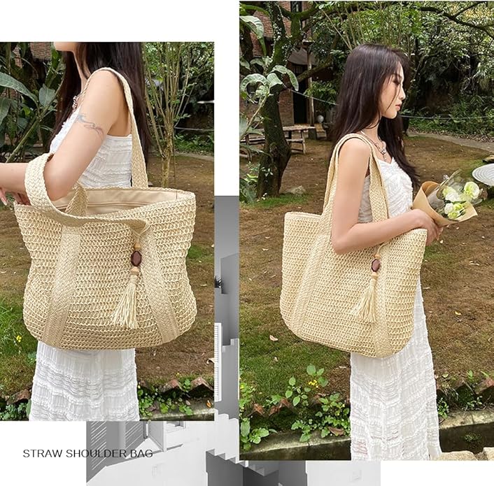 Straw Beach Bags for Women Woven Beach Tote Bag Casual Boho Large Shoulder Handbags Purse for Vacation Holiday
