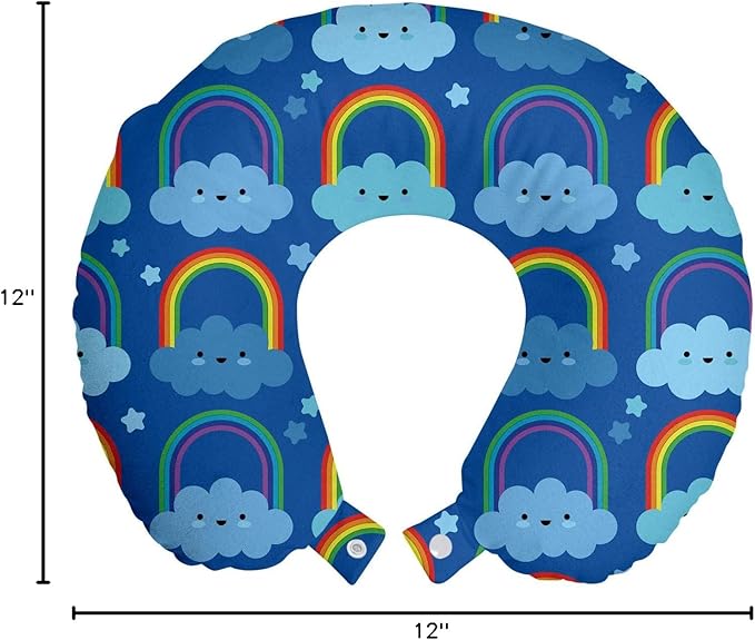 Ambesonne Cartoon Travel Pillow Neck Rest, Rainbow Clouds Along Stars Dreaming Sleeping Shower Night Time, Memory Foam Traveling Accessory for Airplane and Car, 12", Cobalt Blue