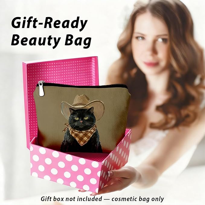 Funny Black Cat Makeup Bag, Cat Mom Lady Lovers Gifts for Women Cosmetic Bag, Pet Lover Gifts, Funny Western Cowboy Black Kitten Small Toiletry Bags Zipper Makeup Pouch