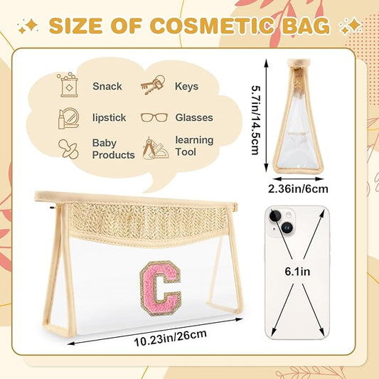 Small Boho Straw Initial Letter Makeup Bag Personalized Gift ,Cute Clear Chenille Patch Makeup Bag With Zipper,Trendy TSA Approved Travel Toiletry Bag,Gift for Women Girls Birthday Friend, Letter C