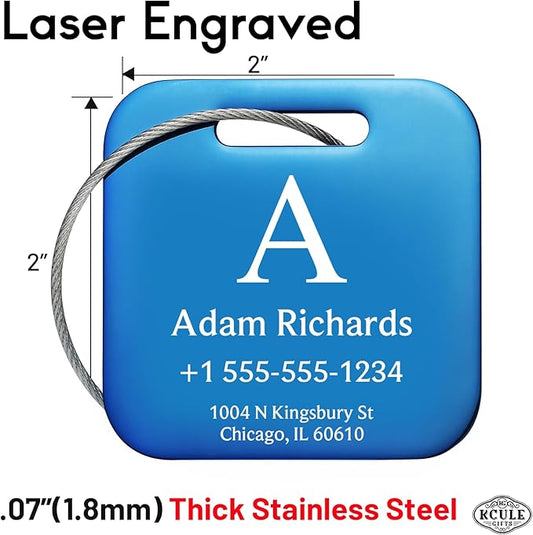 Stainless Luggage Tags for Suitcases 4 Pack: Metal Personalized Luggage Tags for Backpacks & Bags with Customizable Texts (Blue)