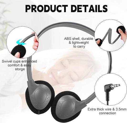 Konohan 30 Pack Headphones Bulk Headphone for School Classroom Student Wired Headphones Adjustable with 3.5 mm Jack for Adults (Grey)