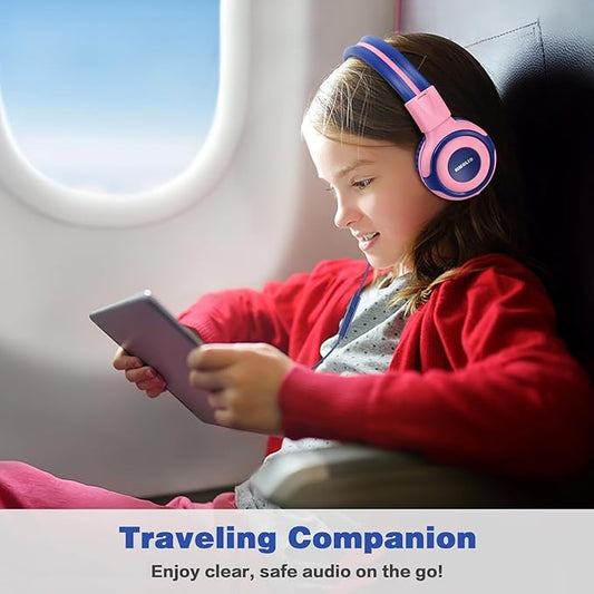 SIMOLIO Kids Headphones with Cord, 75dB/85dB/94dB Volume Limited Wired Headphones with Mic for Kids/Girls/Boys/Children/Teens/Smartphones/School/Airplane Travel/Tablet (Pink)