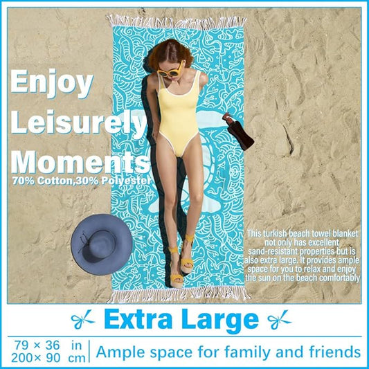 Thin Turkish Beach Towel Lightweight Soft Cotton Extra Large XL Oversized Sand Free Sandproof Absorbent Quick Dry Towels Cloud Bath Pool Travel Compact Essentials Accessories for Adult Gifts