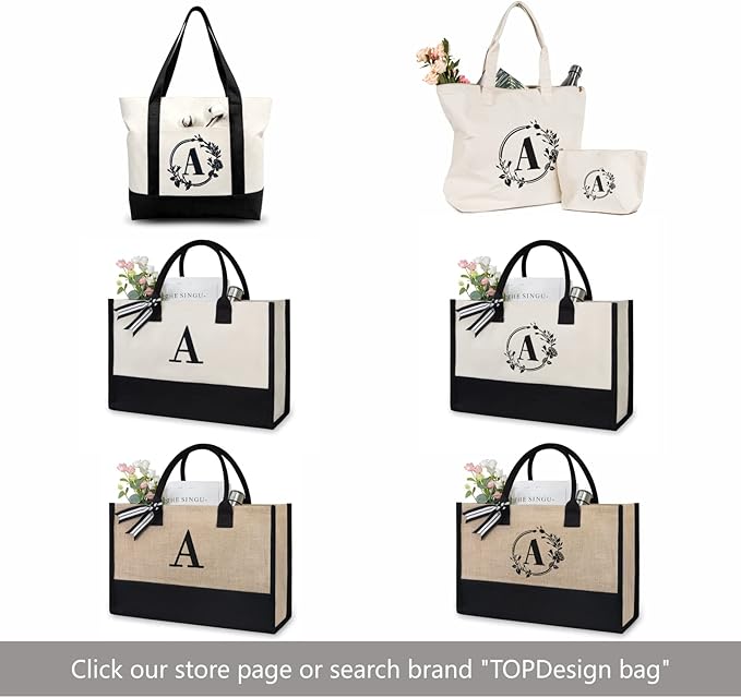 TOPDesign Personalized Initial Canvas Beach Bag, Monogrammed Gift Tote Bag for Women