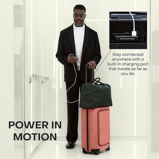 July Carry On Pro - 20" Hardshell with Front Pocket, Airline Approved Carry On Luggage with Wheels, TSA Lock Rolling Suitcase, Silent Spinner Wheels, USB Ports & Ejectable Battery - Clay