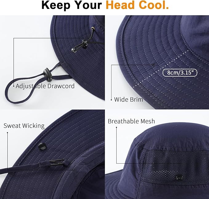 Home Prefer UPF50+ Mens Sun Hat Wide Brim Womens UV Protection Beach Bucket Hat for Fishing Hiking Snap Up Cowboy Hat