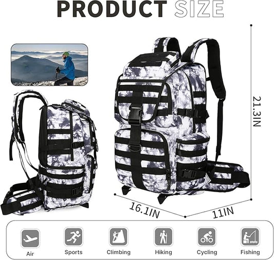HongXingHai 50L Military Tactical Backpack 3 Day Assault Pack Molle Daypack Hiking Backpack for Men and Women (Black white Tie-Dye)