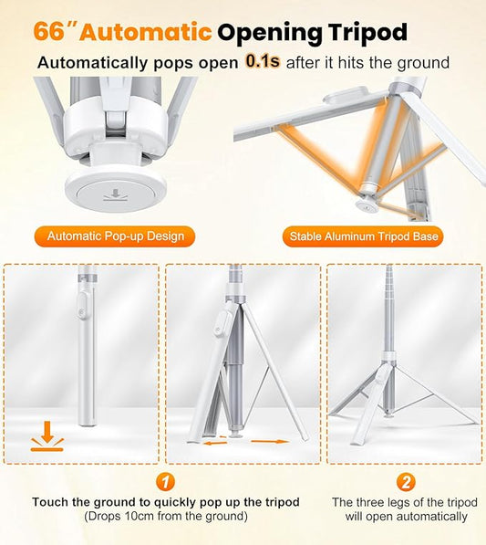 TONEOF 66" Automatic Phone Tripod with Magnetic Rechargable Remote,Selfie Stick 360° Vertical & Horizontal Rotatable,Stable for iPhone/Android(White)