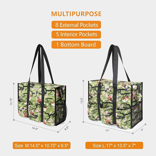 TOPDesign Utility Water Resistant Tote Bag with 13 Pockets, Top Zipper Closure & Thick Bottom Support, for Working Women