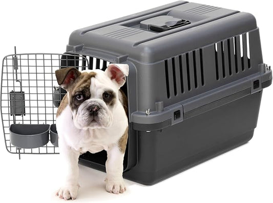 SportPet Airline Approved Wire Door Travel Dog Crate, Durable Plastic Pet Travel Kennel, Secure Latch, Collapsible, Food Bowls & Accessories, Fits Dogs up to 21" L & 13" H - Small - Gray/Black