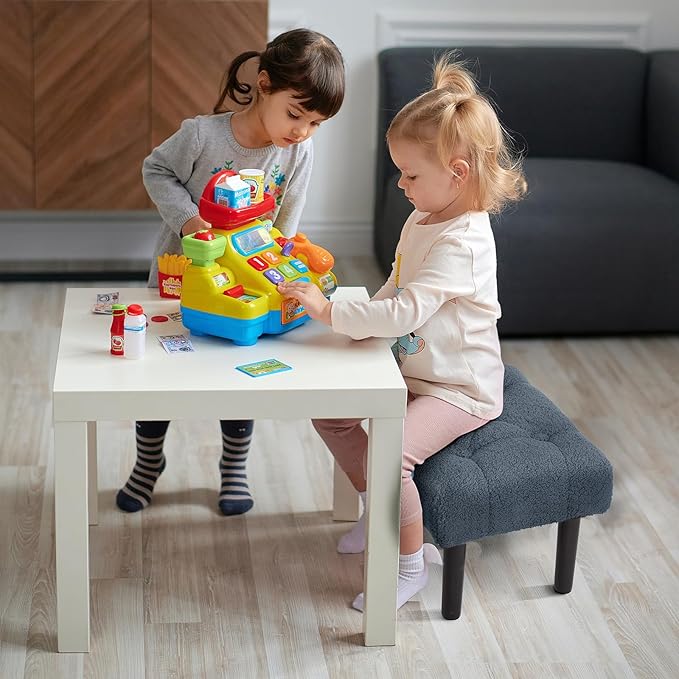 HOUCHICS Fur Padded Foot Stool, Small Ottoman Foot Rest with Wooden Legs,Modern Rectangle Chair Foot Rest Foot Step Stool for Living Room, Couch, Desk(Blue)