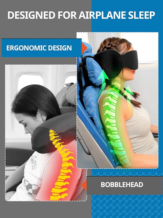 Travel Pillow for Airplanes, Upgraded Airplane Pillow with 3D Eye Mask and Ear Cover for Long Flight, 360° Support Sleep Head Hold, Flight Essentials Plane Headrest, Stop Bobblehead, Black