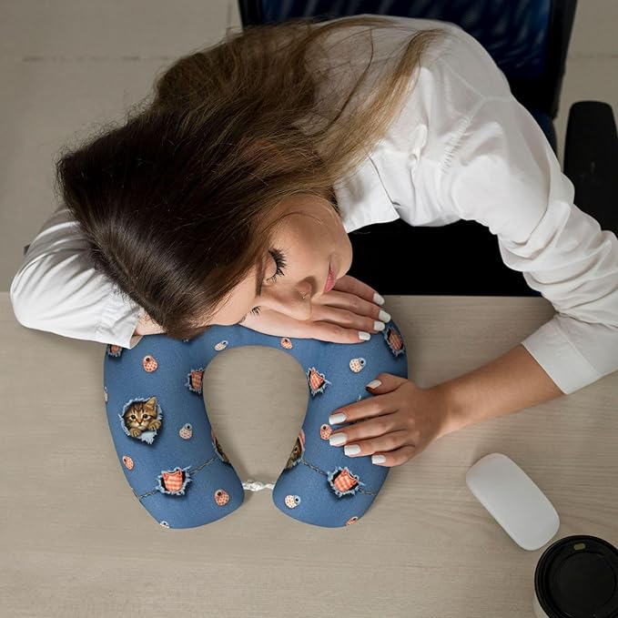 Travel Neck Pillow for Pain Relief Sleeping, Cute Cat Patterns Printed, Comfortable Memory Foam Chin Head Cushion Support with Zip Cover, Fashion Car Flight Pillows