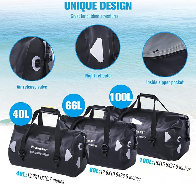 WILD HEART Waterproof Motorcycle Duffel Bag PVC500D Double-bottom With Rope Straps and Inner Pocket 40L 66L 100L for Kayaking, Camping, Boating,Motorcycle