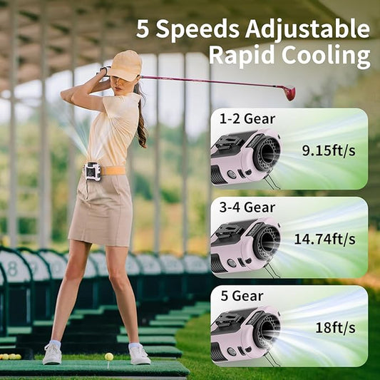 Socool 10000mAh Portable Waist Fan Clip on Wearable Belt Personal Fan Rechargeable Battery operated With 5 Speeds & Flashlight Neck Hands-Free 40H Cooling For Outdoor Camping Travel (Pink)