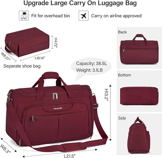 Hanke Carry On luggage Bags for Travel, Large Foldable Duffle Bag for Travel, Softside Lightweight Travel Bag Carry On Bags for Airplanes Women, Travel Tote Bags for Women Men.(Burgundy)