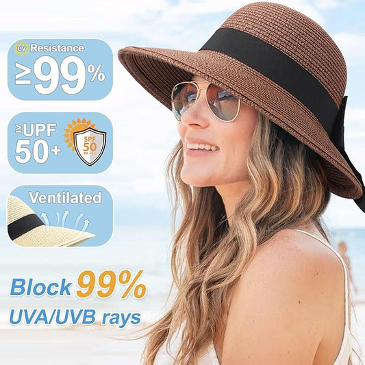 DRESHOW Sun Hats for Women Travel Fedora Foldable Beach Sun Hat Summer Wide Brim Straw Bucket Hat with Bowknot UPF 50+