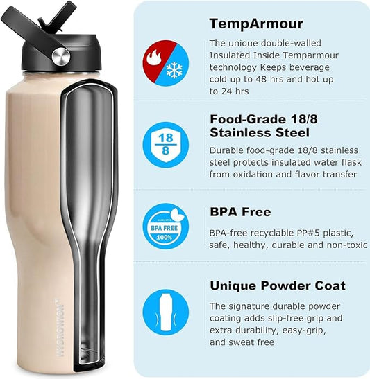 HYDROWION 40 oz Insulated Water Bottle with Straw fit in Car Cup Holder(Cold 48 hrs, Hot 24 hrs) Drinking Bottle with Straw Lid, Spout Lid and Flex Cap Leakproof Travel Thermo Mugļ¼Laser Pink