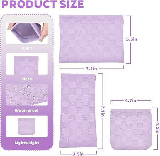 3PCS Small Makeup Bag for Women, Mini Cosmetic Bags Leather Pocket Pouch Purse,Snap Closure Waterproof Portable Bag,Checkered Storage Travel Bag for Lipstick Change Glasses Coin Cards (Purple)