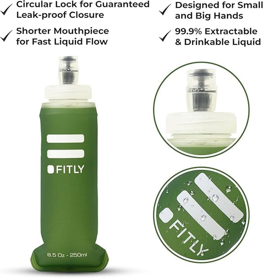 FITLY Soft Flask - Shrink As You Drink Soft Water Bottle for Hydration Pack - Folding Water Bottle Ideal for Running, Hiking, Cycling, Climbing & Rigorous Activity