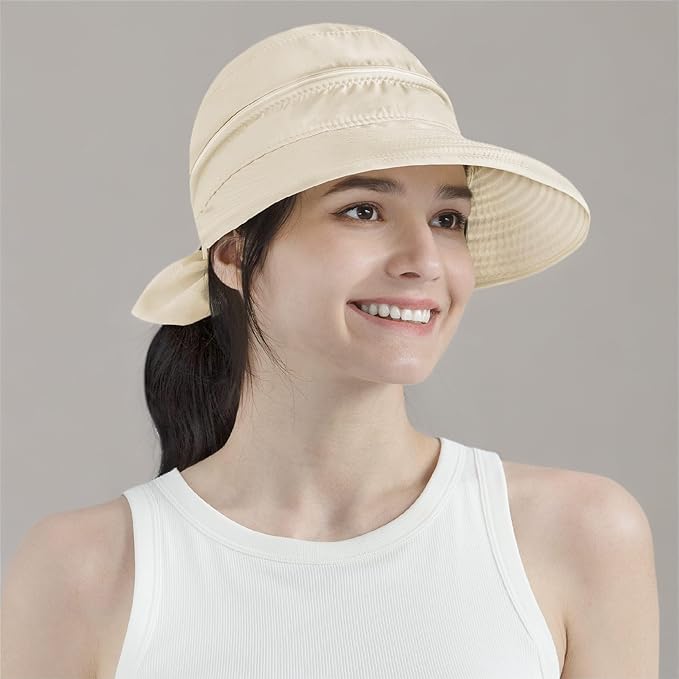 SUN CUBE Women Sun Hat for Outdoor UV Protection, Wide Brim Sun Hat Ponytail, Convertible Zip-Off Beach Hat Visor