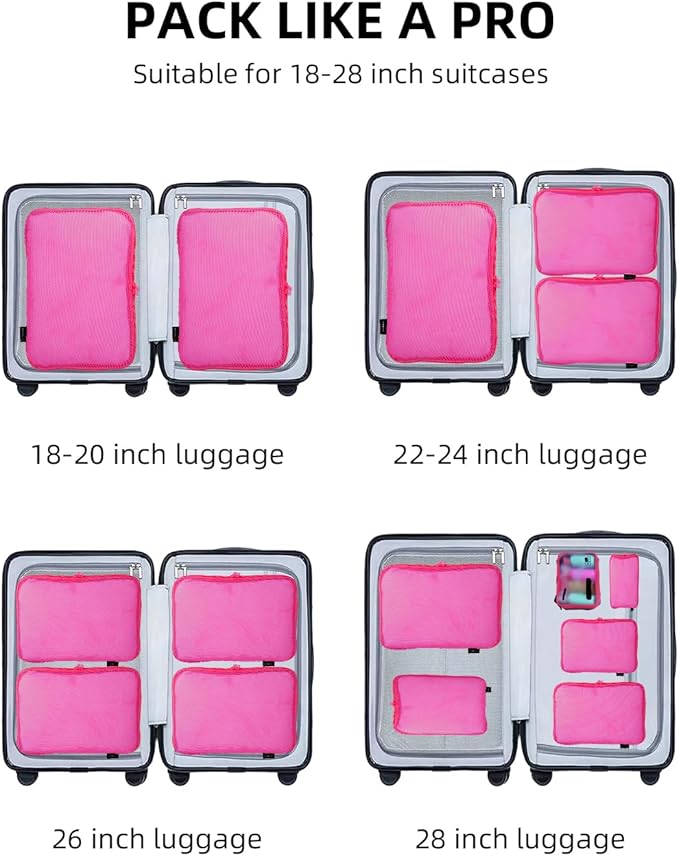 6 Set Compression Packing Cubes for Travel, Large Medium Small Luggage Organizers, Storage Bags for Clothes (6 Pack, Rose Red)