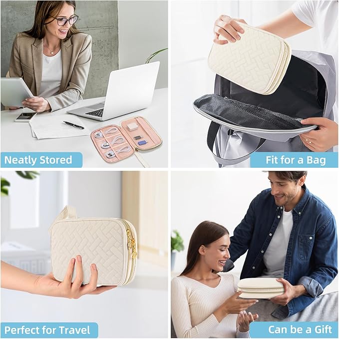 Electronics Organizer Travel Case, Charger Bag Cord Organizer Travel, Compact Tech Pouch Cable Organizer Bag for Charger, Cords, Phone, Headphones, Flash Drive, SD Card (Beige, Small-Double Layer)